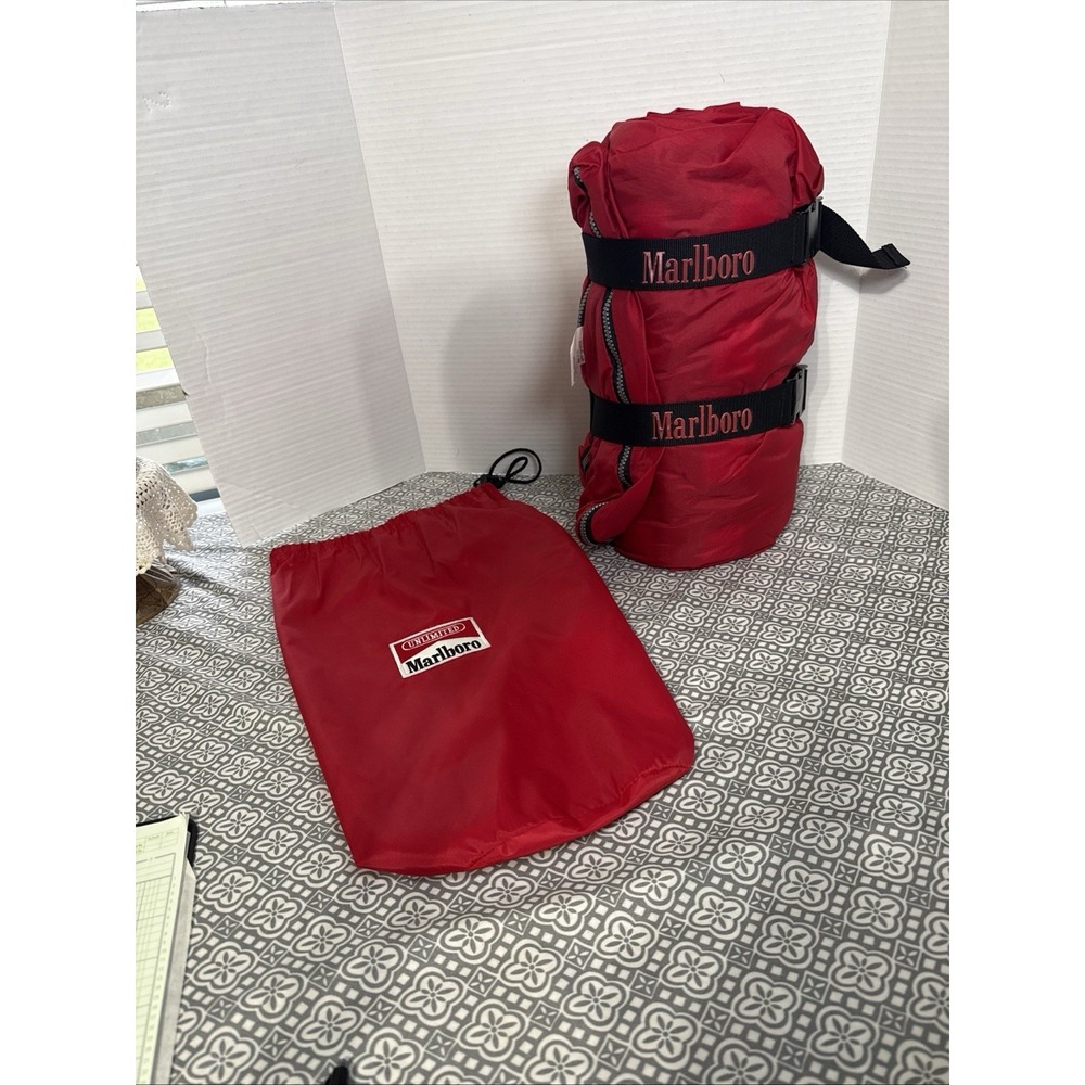 Vintage 90's Marlboro Unlimited Camping Sleeping Bag Roll Red Fleece. Nice!